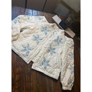 &merci Cream & Blue Quilted Floral Applique Puff Sleeve Jacket  Woman's Medium